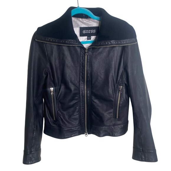 Guess Genuine Leather Bomber Jacket Womens Size L Black Zip Up Moto Biker - Picture 1 of 11